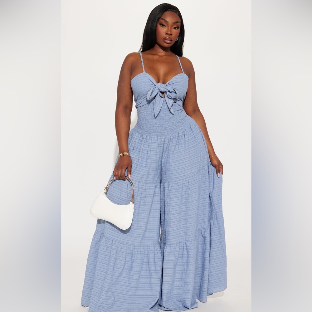 Fashion Nova Light Blue Bow Front Jumpsuit